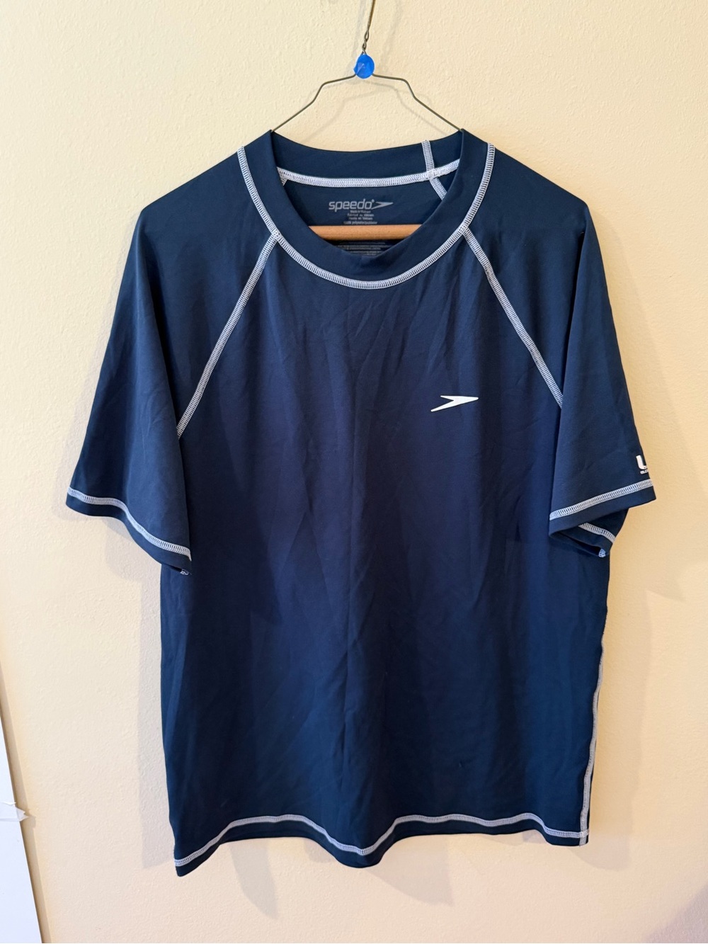 Speedo Men's Navy Blue Short-Sleeve Rash Guard with White Trim